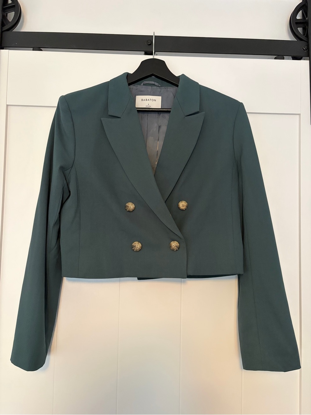 Babaton Teal Cropped Double-Breasted Blazer with Gold Buttons